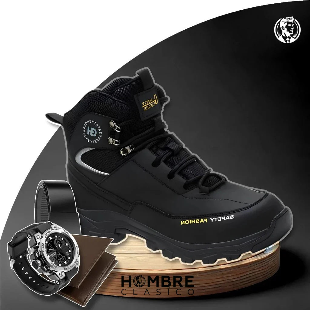 Kit de bottes de sécurité pour homme en cuir 100 % véritable (imperméables et antidérapantes) + 3 cadeaux en édition limitée
