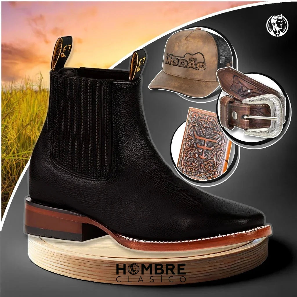 Kit de bottes orthopédiques pour hommes Force en 100 % cuir bovin + ceinture country, chapeau style Modão et portefeuille GRATUITS !