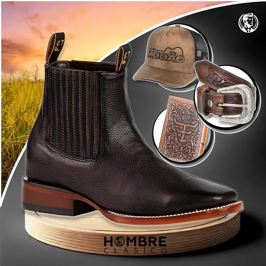 Kit de bottes orthopédiques pour hommes Force en 100 % cuir bovin + ceinture country, chapeau style Modão et portefeuille GRATUITS !