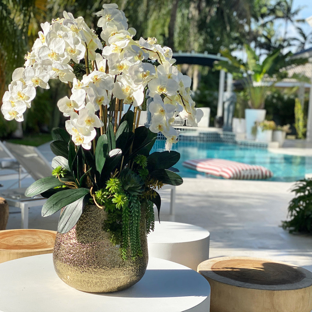 Jarrón dorado Delaney con múltiples tallos de orquídeas Phalaenopsis y suculentas