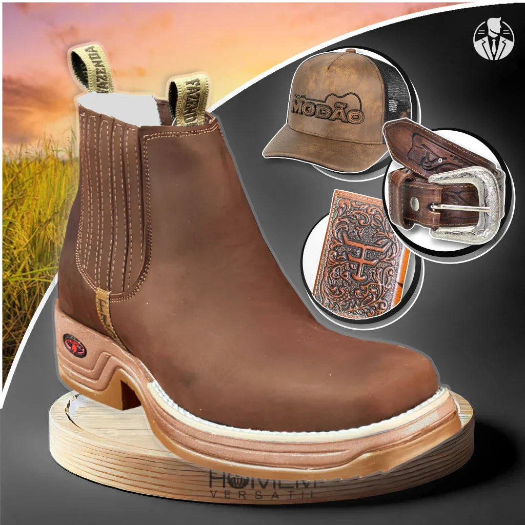 Kit Bota Ortopédica Fazenda con Caña Corta en 100% Cuero Bovino + REGALOS: Cinturón, Gorro y Billetera