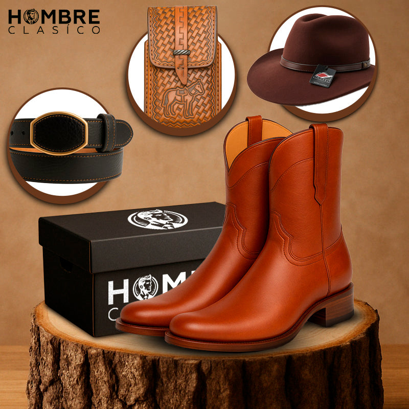 Kit Bota KÜRAN 100% Cuero Genuino Bovino + REGALOS: Cinturón, Sombrero y Porta Documentos
