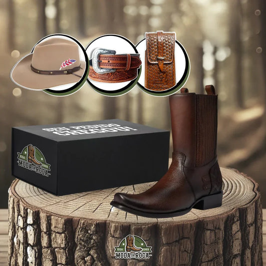 Kit Bota Maverick 2.0 Masculino de Cuero Legítimo + 3 REGALOS: Cinturón, Sombrero y Cartera