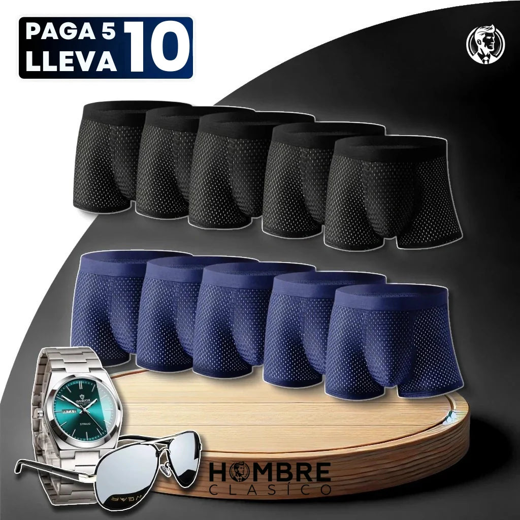 [Paga 5, Lleva 10] Kit de Calzoncillos Brave Boxer de Fibra de Bambú con REGALOS: Reloj y Gafas