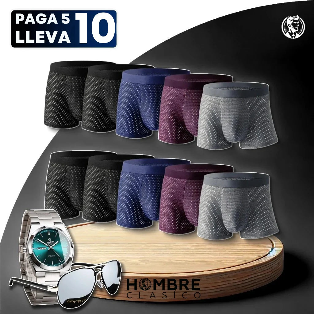 [Paga 5, Lleva 10] Kit de Calzoncillos Brave Boxer de Fibra de Bambú con REGALOS: Reloj y Gafas