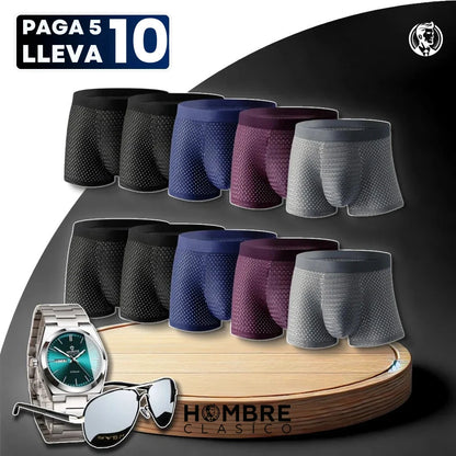 [Paga 5, Lleva 10] Kit de Calzoncillos Brave Boxer de Fibra de Bambú con REGALOS: Reloj y Gafas