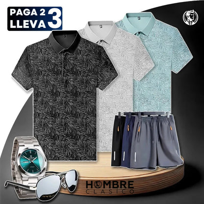 [Pague 2, Lleve 3] Kit de Camisas Polo Vex Texturizada de Seda Hielo + REGALOS: 3 Pantalones Cortos, Reloj y Gafas