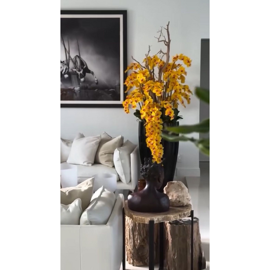 Jarrón San José en negro brillante con orquídeas amarillas en cascada