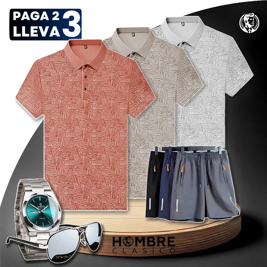 [Pague 2, Lleve 3] Kit de Camisas Polo Vex Texturizada de Seda Hielo + REGALOS: 3 Pantalones Cortos, Reloj y Gafas