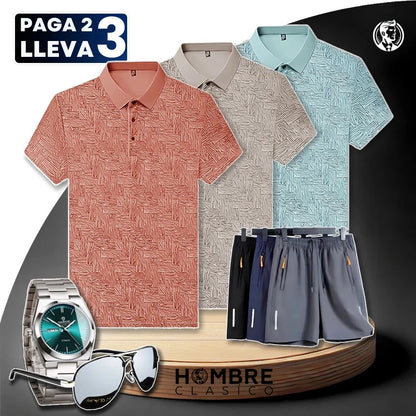 [Pague 2, Lleve 3] Kit de Camisas Polo Vex Texturizada de Seda Hielo + REGALOS: 3 Pantalones Cortos, Reloj y Gafas