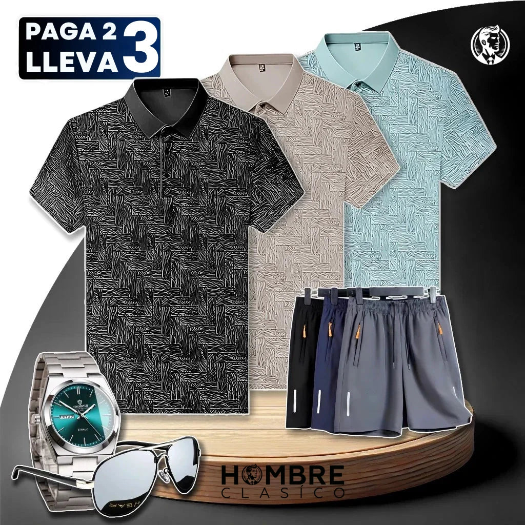 [Pague 2, Lleve 3] Kit de Camisas Polo Vex Texturizada de Seda Hielo + REGALOS: 3 Pantalones Cortos, Reloj y Gafas