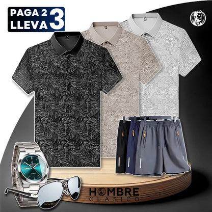 [Pague 2, Lleve 3] Kit de Camisas Polo Vex Texturizada de Seda Hielo + REGALOS: 3 Pantalones Cortos, Reloj y Gafas