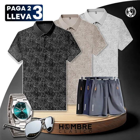 [Pague 2, Lleve 3] Kit de Camisas Polo Vex Texturizada de Seda Hielo + REGALOS: 3 Pantalones Cortos, Reloj y Gafas