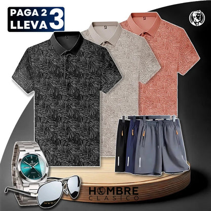 [Pague 2, Lleve 3] Kit de Camisas Polo Vex Texturizada de Seda Hielo + REGALOS: 3 Pantalones Cortos, Reloj y Gafas
