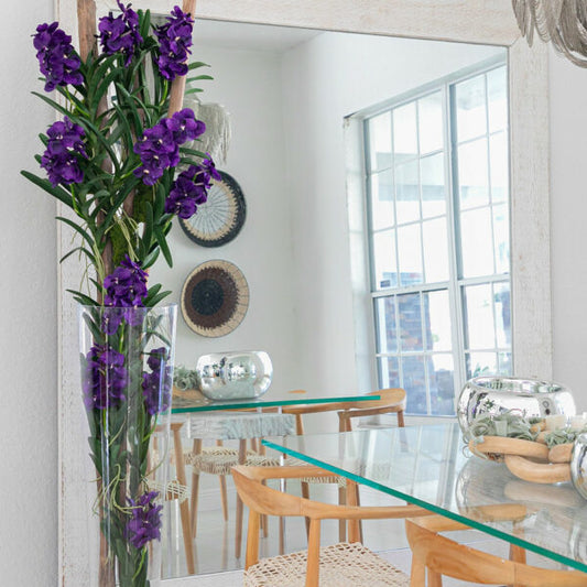 Orquídeas Vanda moradas y madera flotante dentro de un cilindro de vidrio cónico