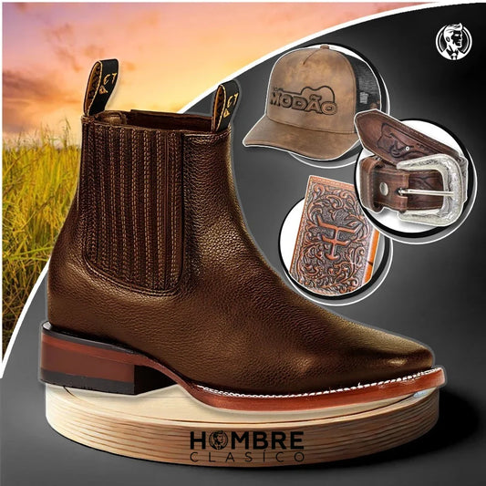 Kit Bota Ortopédica Masculina Force de 100% Cuero Bovino + Cinturón Country, Gorro Estilo Modão y Cartera ¡GRATIS!
