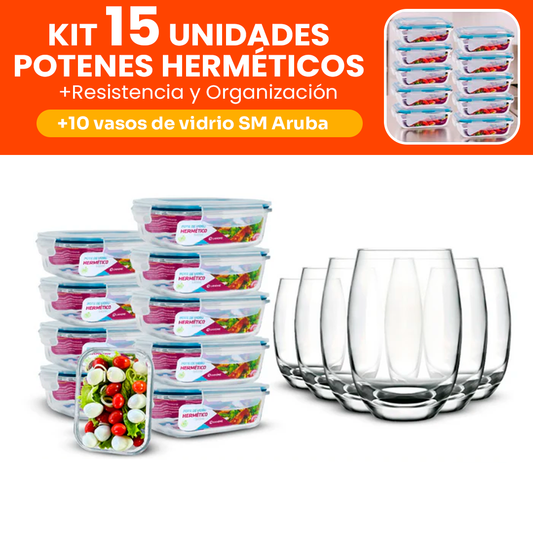 Kit con 15 Frascos Herméticos + 10 Vasos Aruba Gratis