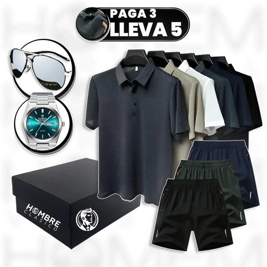 [Paga 3, Lleva 5] Kit de Camisas Polo de Seda Hielo Brave + REGALOS: 3 Bermudas, Gafas de Sol y Reloj