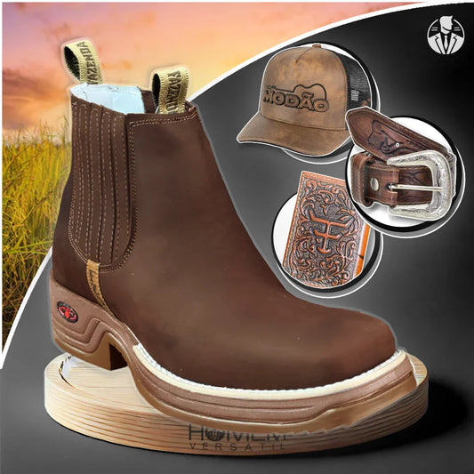 Kit Bota Ortopédica Fazenda con Caña Corta en 100% Cuero Bovino + REGALOS: Cinturón, Gorro y Billetera