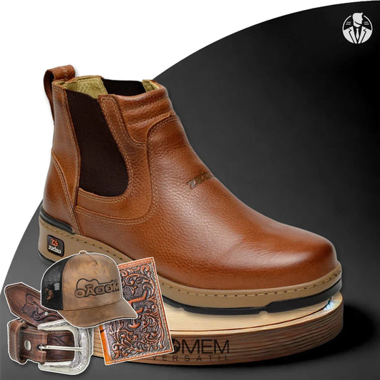 Kit Bota Ortopédica Masculina Zamu en 100% Cuero Bovino + REGALOS: Cinturón, Gorro y Billetera