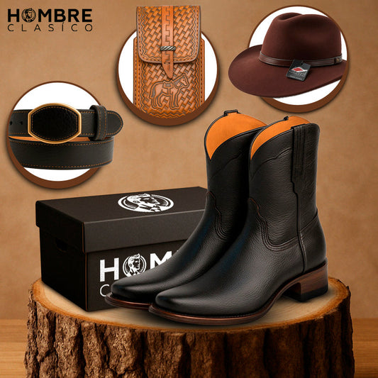 Kit Bota KÜRAN 100% Cuero Genuino Bovino + REGALOS: Cinturón, Sombrero y Porta Documentos