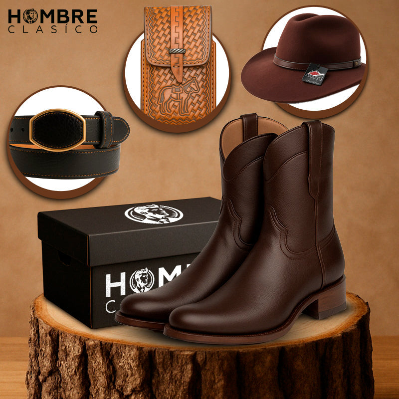 Kit Bota KÜRAN 100% Cuero Genuino Bovino + REGALOS: Cinturón, Sombrero y Porta Documentos