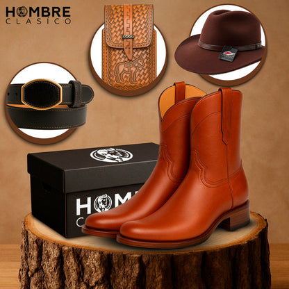 Kit Bota KÜRAN 100% Cuero Genuino Bovino + REGALOS: Cinturón, Sombrero y Porta Documentos